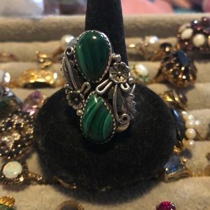 Navajo sterling silver malachite feather ring….signed Petersen